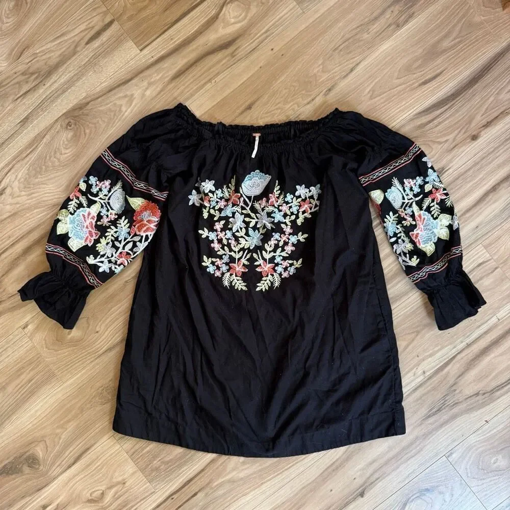 Free People Womens Black Floral Embroidered Off Shoulder Mini Dress Size Medium